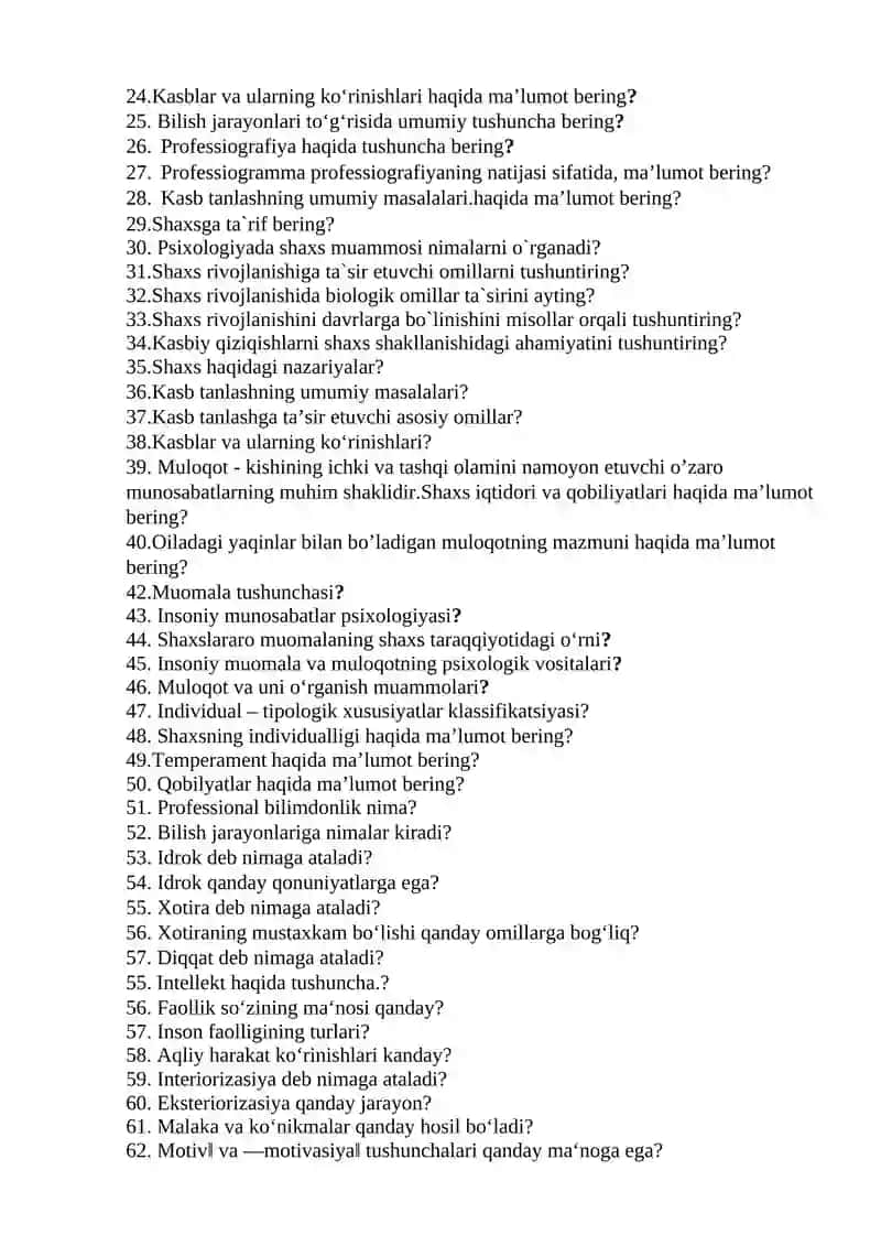 Kasbiy psixologiya fanidan oraliq nazorat savollari (yozma) 2
