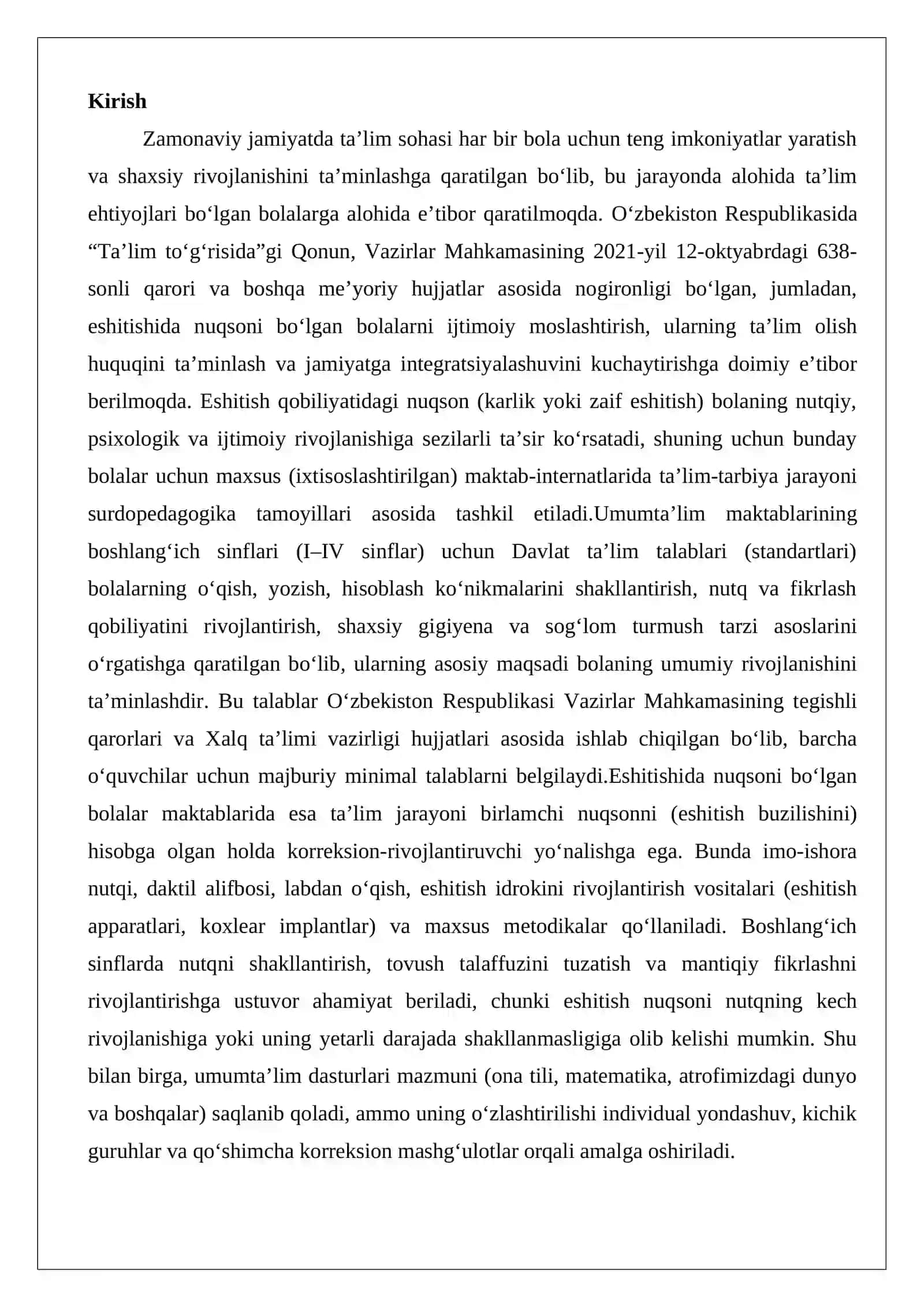Eshitishida nuqsoni bo‘lgan bolalar maktabining boshlang‘ich sinflari uchun Davlat ta’lim talablari va umumta’lim maktablari boshlang‘ich sinflari uchun Davlat ta’lim talablarini qiyosiy o‘rganish 2