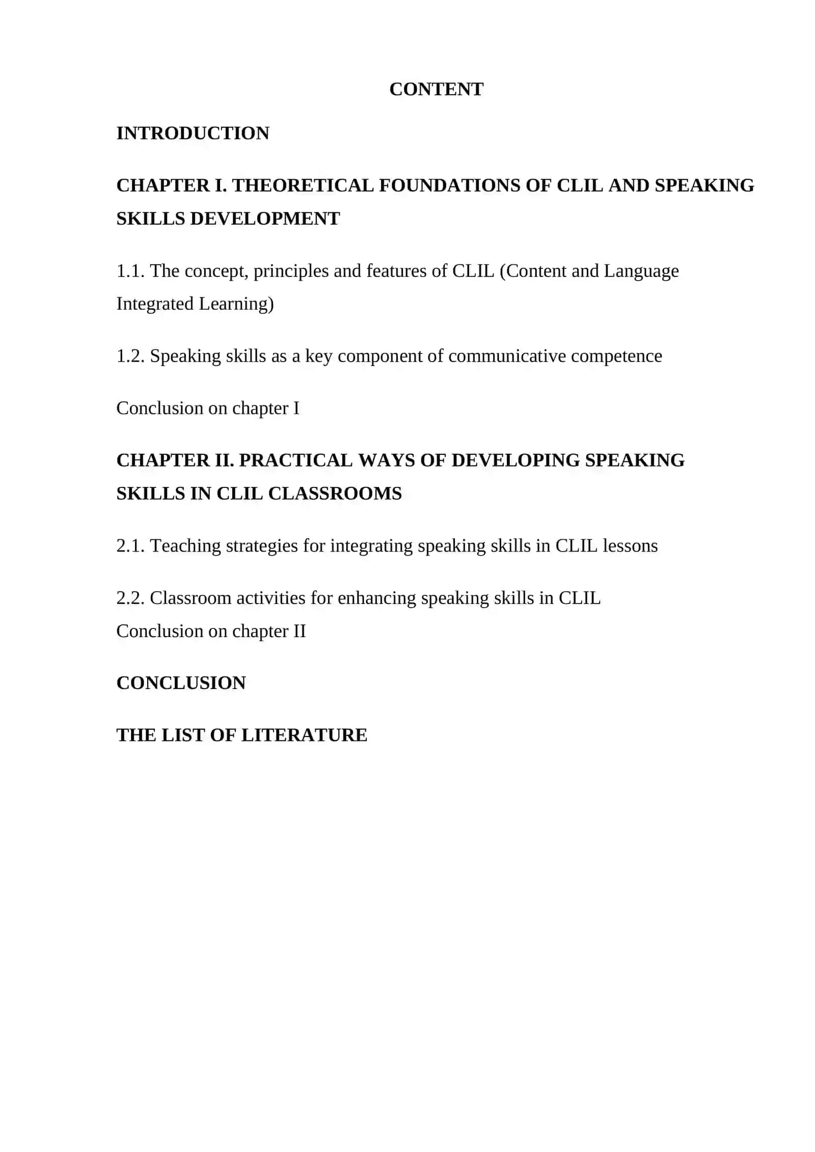 COURSE WORK THEME: INTEGRATION OF SPEAKING SKILLS IN CLIL (CONTENT AND LANGUAGE INTEGRATED LEARNING) CLASSROOMS 2