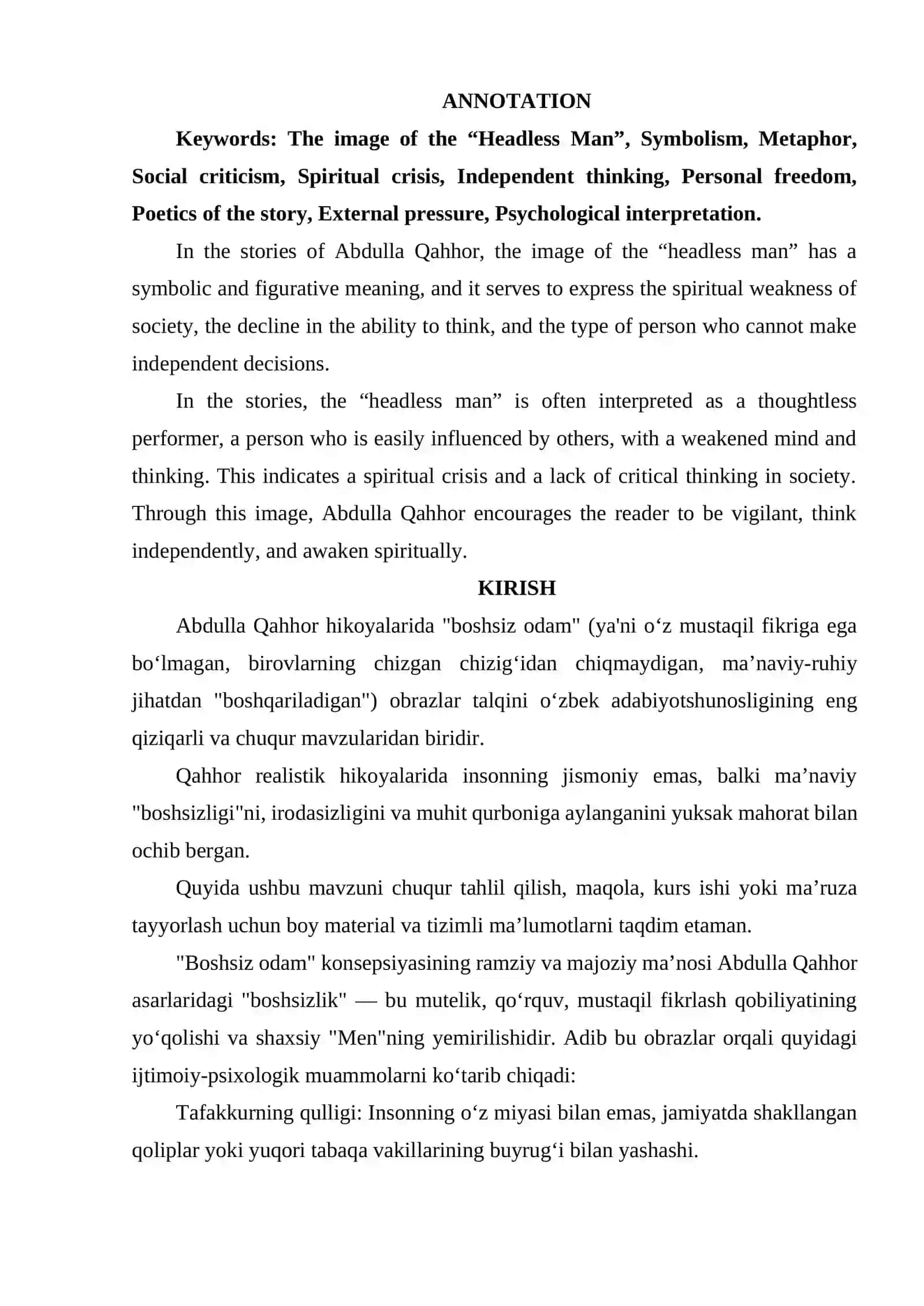 ABDULLA QAHHOR HIKOYALARIDA "BOSHSIZ ODAM" OBRAZLARI TALQINI 2