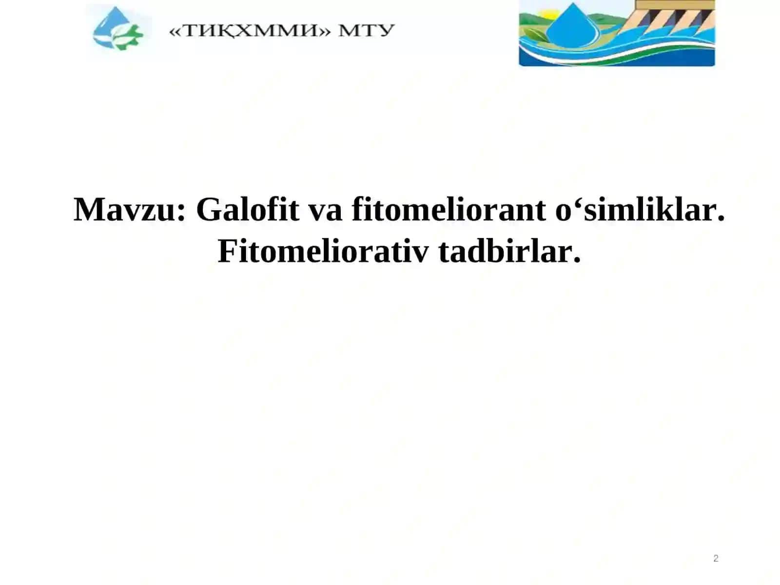 Galofit va fitomeliorant oʻsimliklar. Fitomeliorativ tadbirlar 2