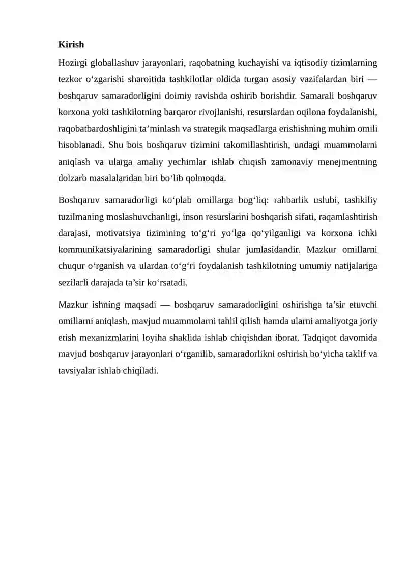 BOSHQARUV SAMARADORLIGINI OSHIRISH OMILLARI VA ULAR AMALIYOTDA JORIY ETISH MEXANIZMLARINI ISHLAB CHIQISH MUAMMONI ANIQLASH VA LOYIHA SHAKLDA YECHIM TAYYORLASH 2