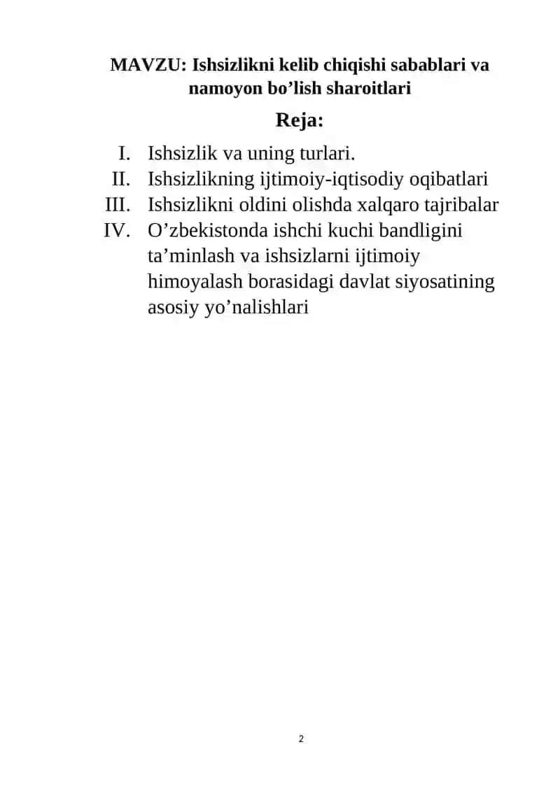 Ishsizlikni kelib chiqishi sabablari va namoyon bo’lish sharoitlari 2