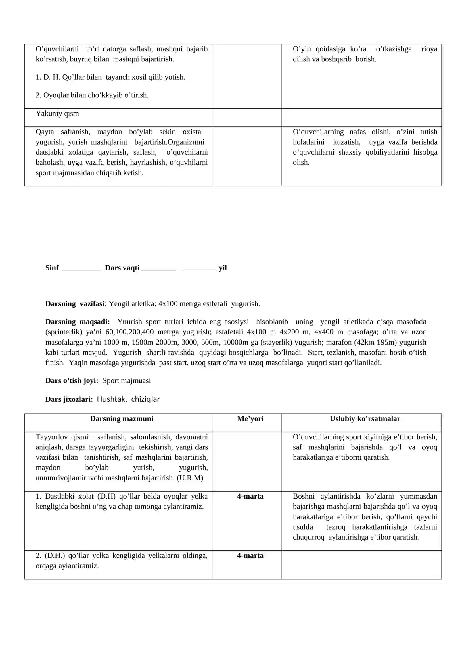 9-sinf Jismoniy tarbiya fanidan mavzuiy-taqvimiy rejalashtirish 2