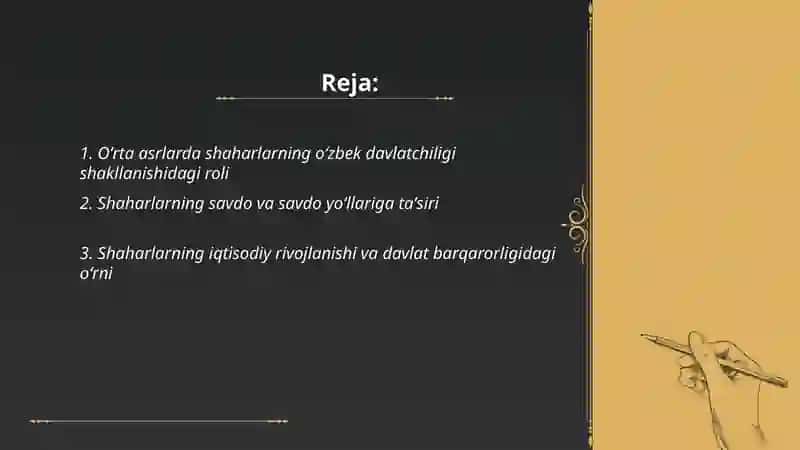 Shaharlarning oʻzbek davlatchiligining shakllanishidagi oʻrni va ahamiyati 2