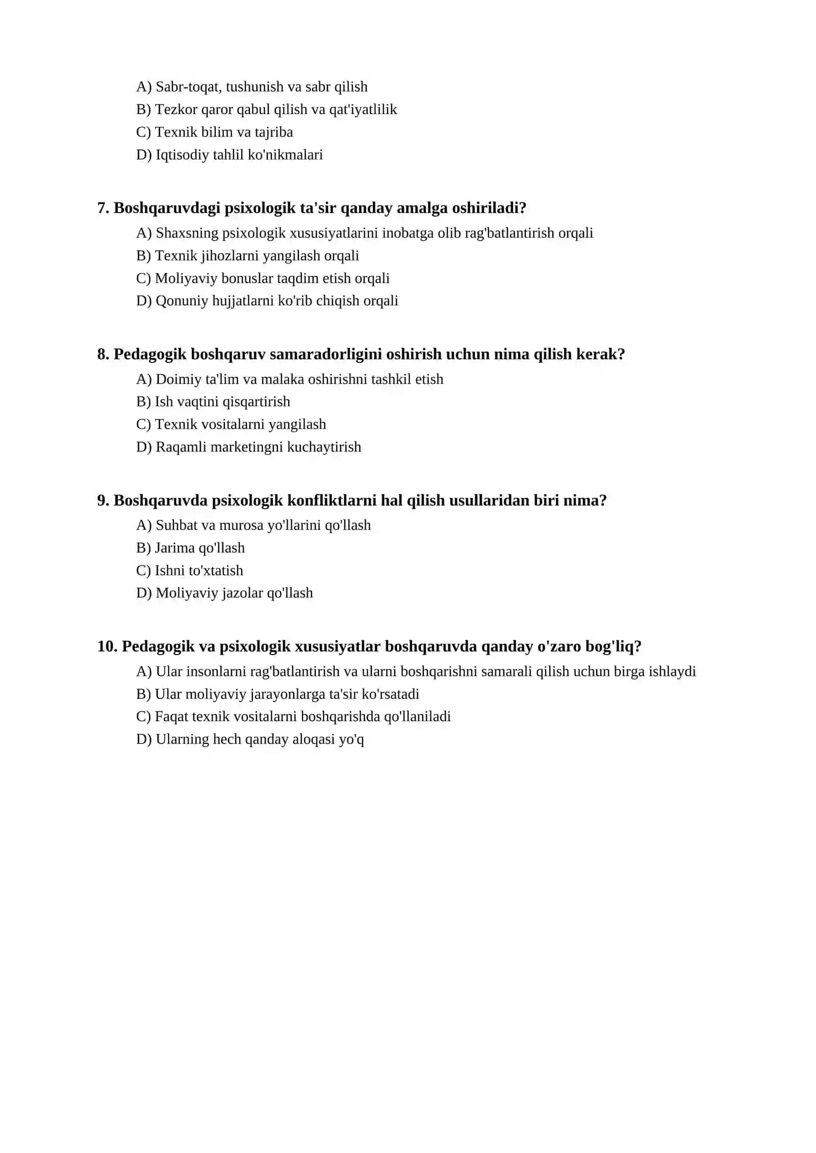 Boshqaruvning pedagogik va psixalogik xususiyatlari bo'yicha test 2