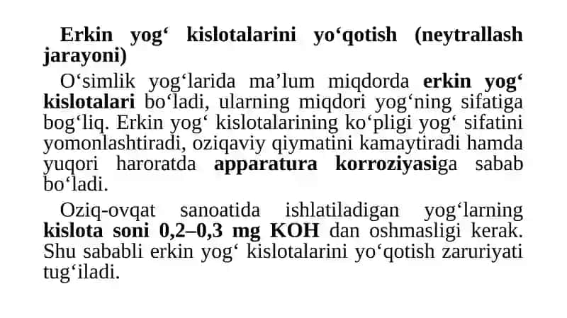 Erkin yog' kislotalarni yo'qotish 2