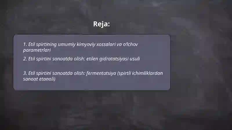 Etil spirtini sanoatda olinishi va xalq xo'jaligida ishlatilishi 2
