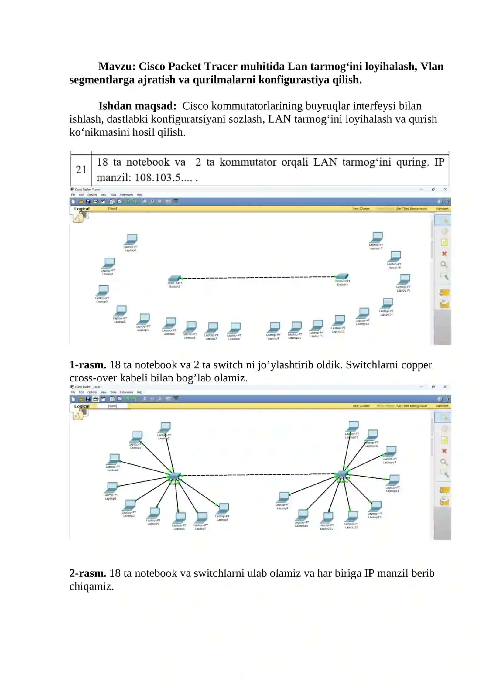 Cisco Packet Tracer muhitida Lan tarmog‘ini loyihalash, Vlan segmentlarga ajratish va qurilmalarni konfigurastiya qilish 2