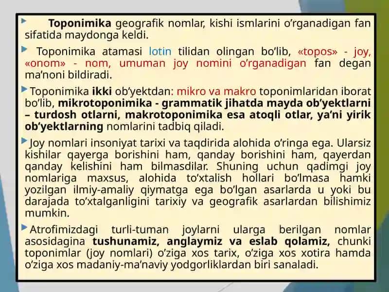 Toponimika fanining o'rganilishi 2