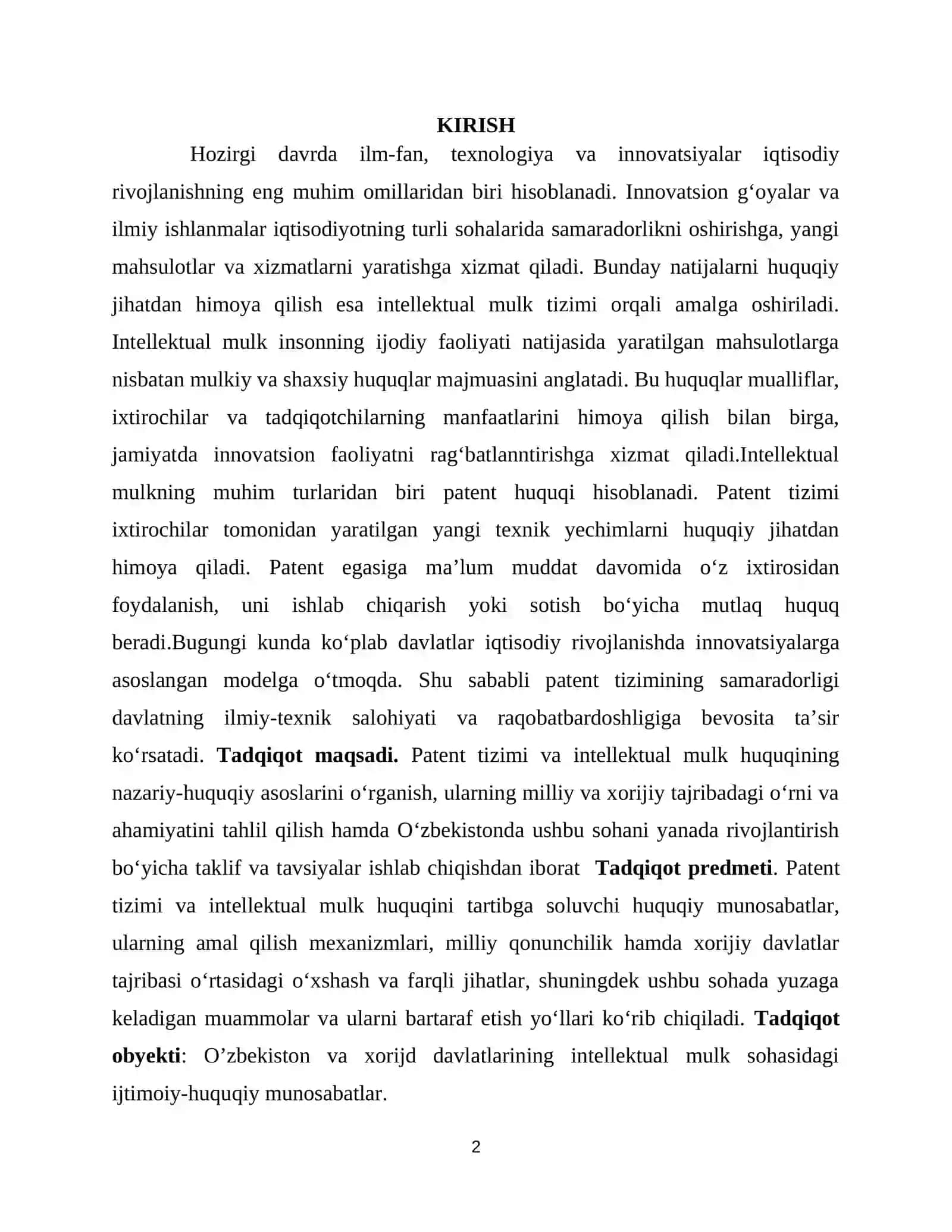Patent tizimi va intelektual mulk huquqi: Milliy va xorijiy tajriba 2