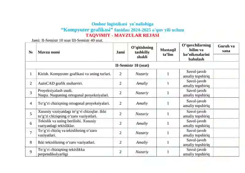 Taqvimiy–mavzular rejasi 2