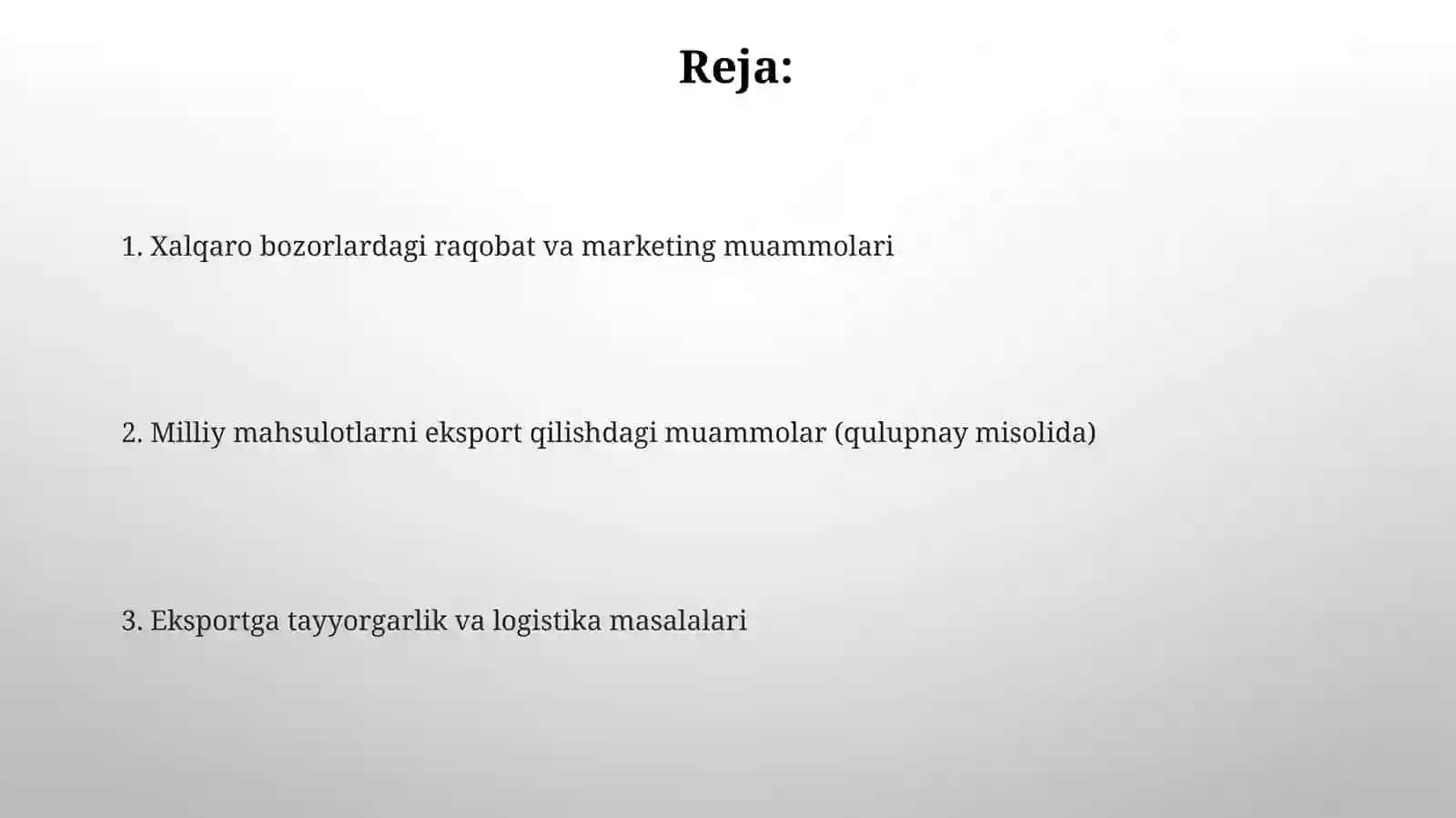 Milliy mahsulotni chet elga chiqarishdagi muammolar (Qulupnay )misolida 2