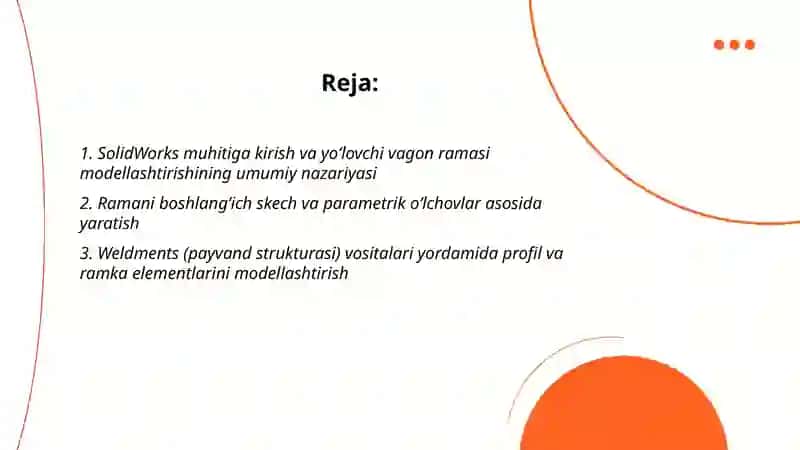 SolidWorks dasturi yordamida yoʻlovchi vagonlar ramasini modellashtirish 2