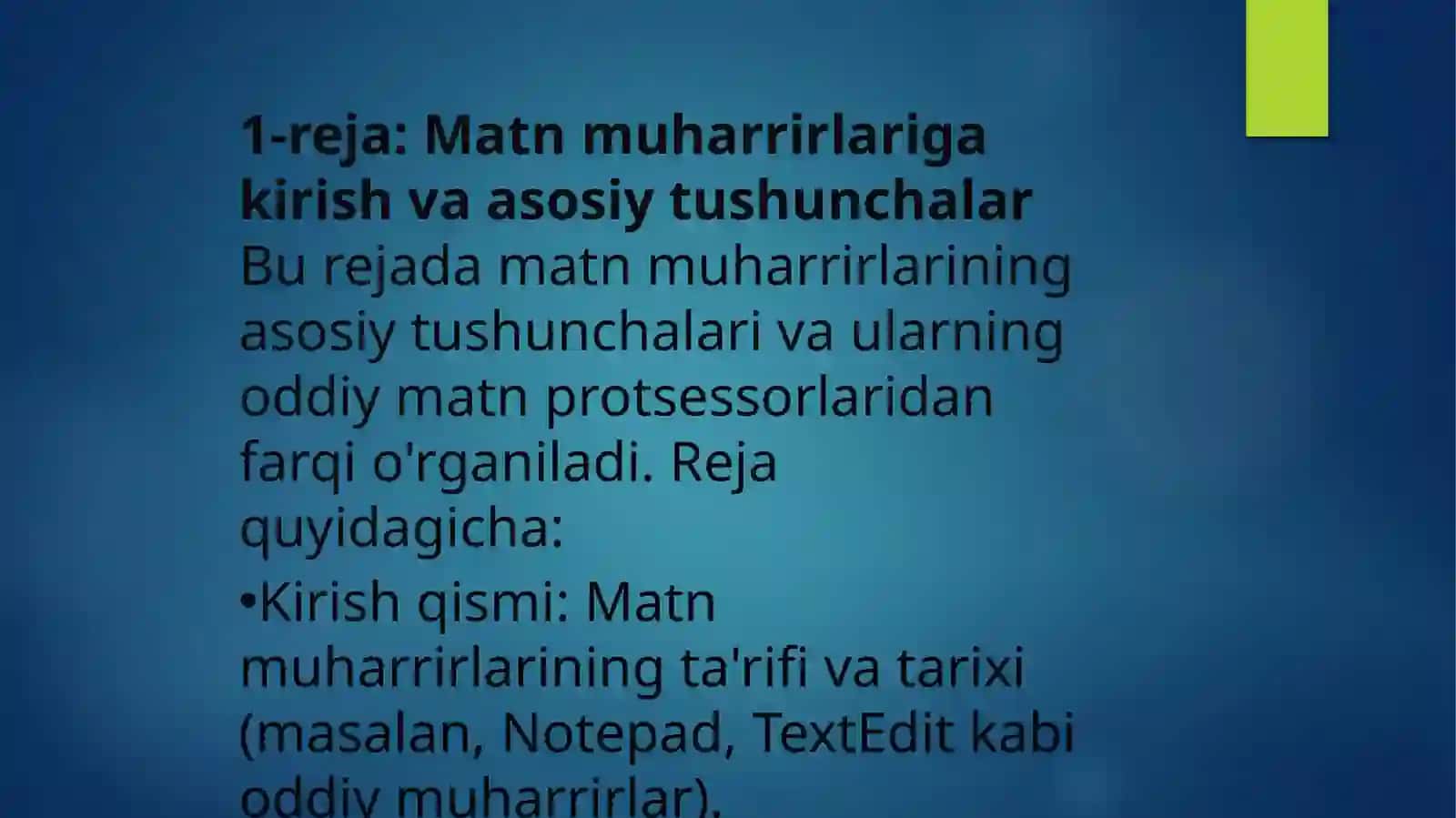 MATIN MUHARRIRLARI VA WORD MATN PROTSESSORI. EXCEL ELEKTRON JADVALLAR BILAN ISHLASH 2