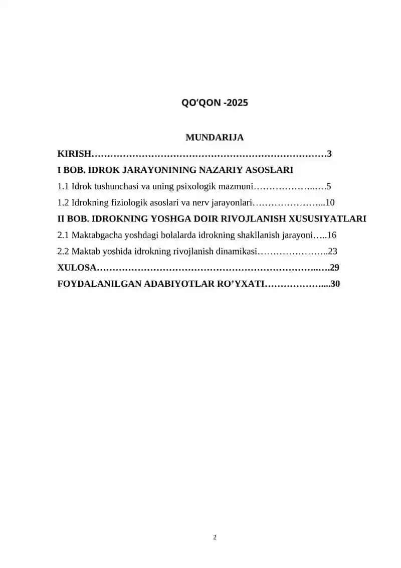 IDROK JARAYONINING YOSHGA DOIR XUSUSIYATLARI MAVZUSIDA KURS ISHI 2