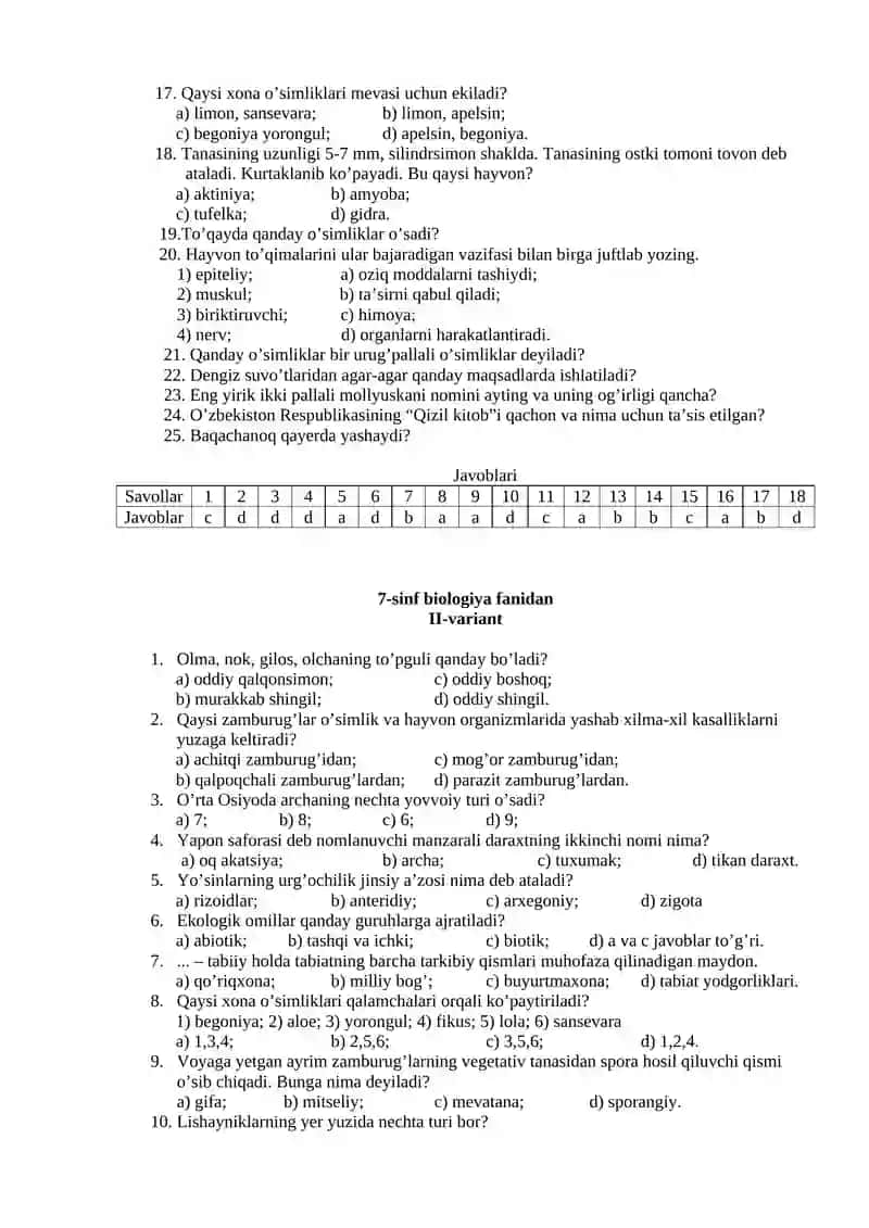 7-sinf biologiya fanidan I-variant 2