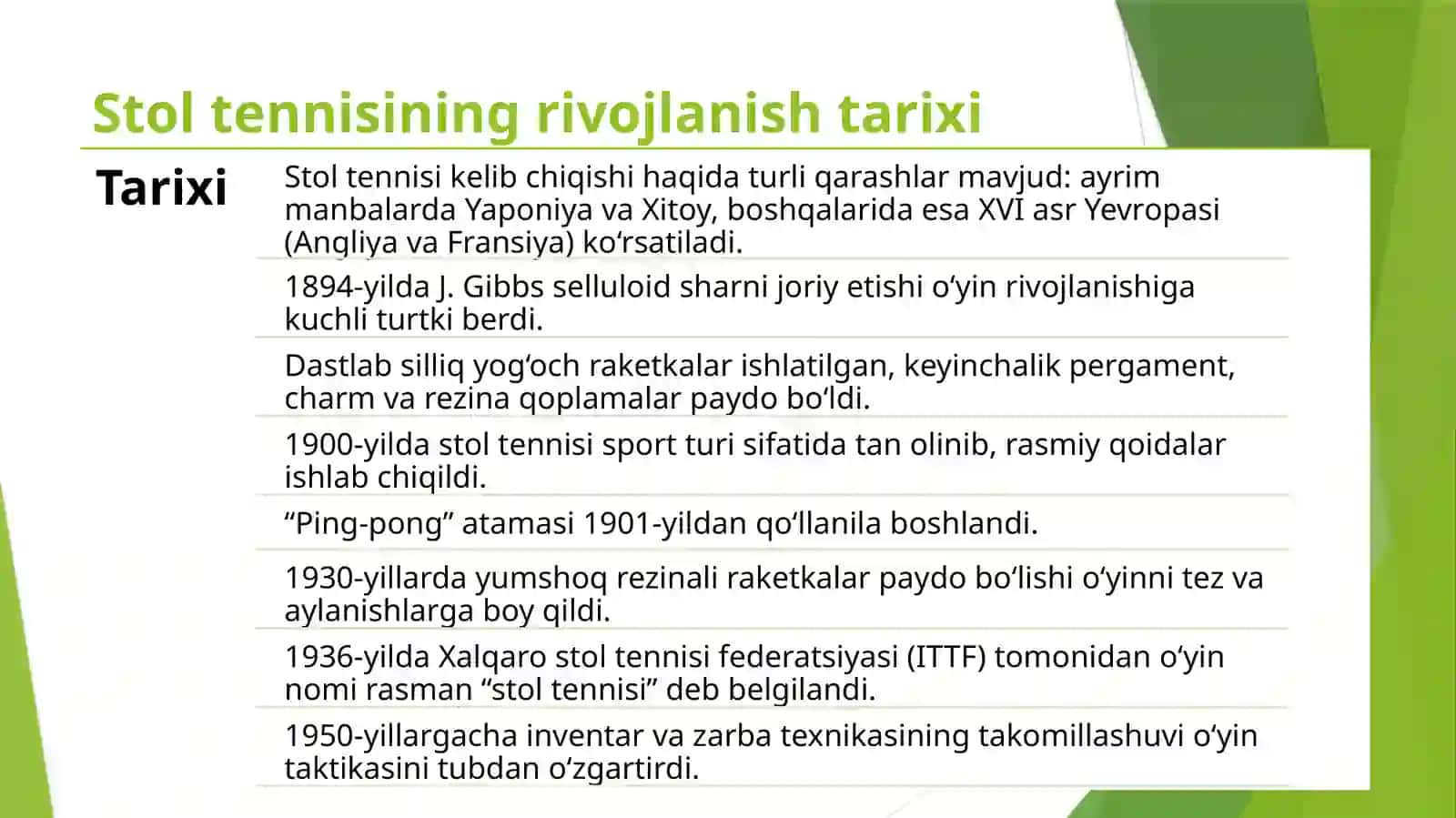 Stol tennis tarixi, qoidalari, texnikasi va taktikasining tasnifi 2
