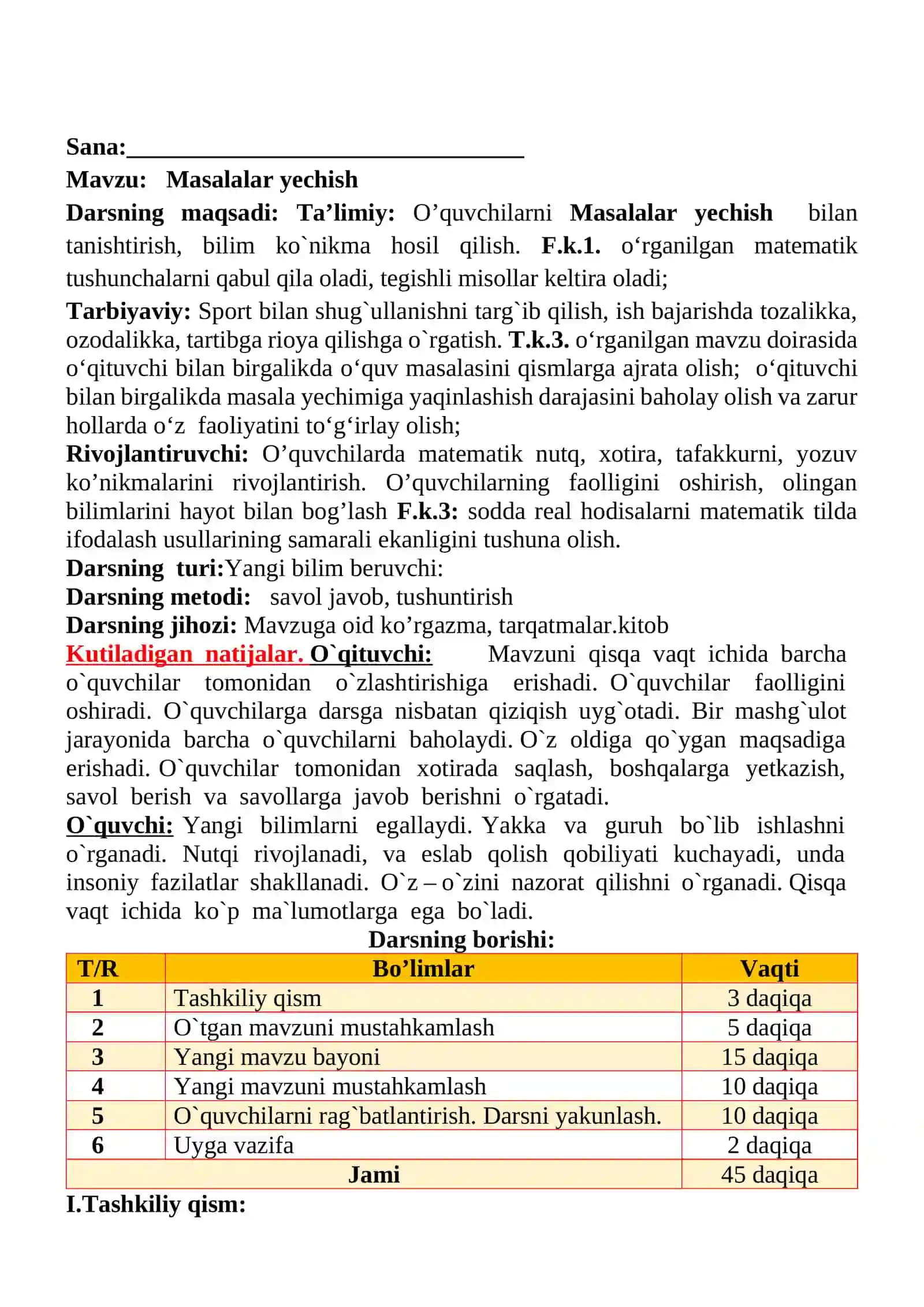 Masalalar yechish mavzusida 3-sinf Matematika fanidan dars ishlanmasi 2