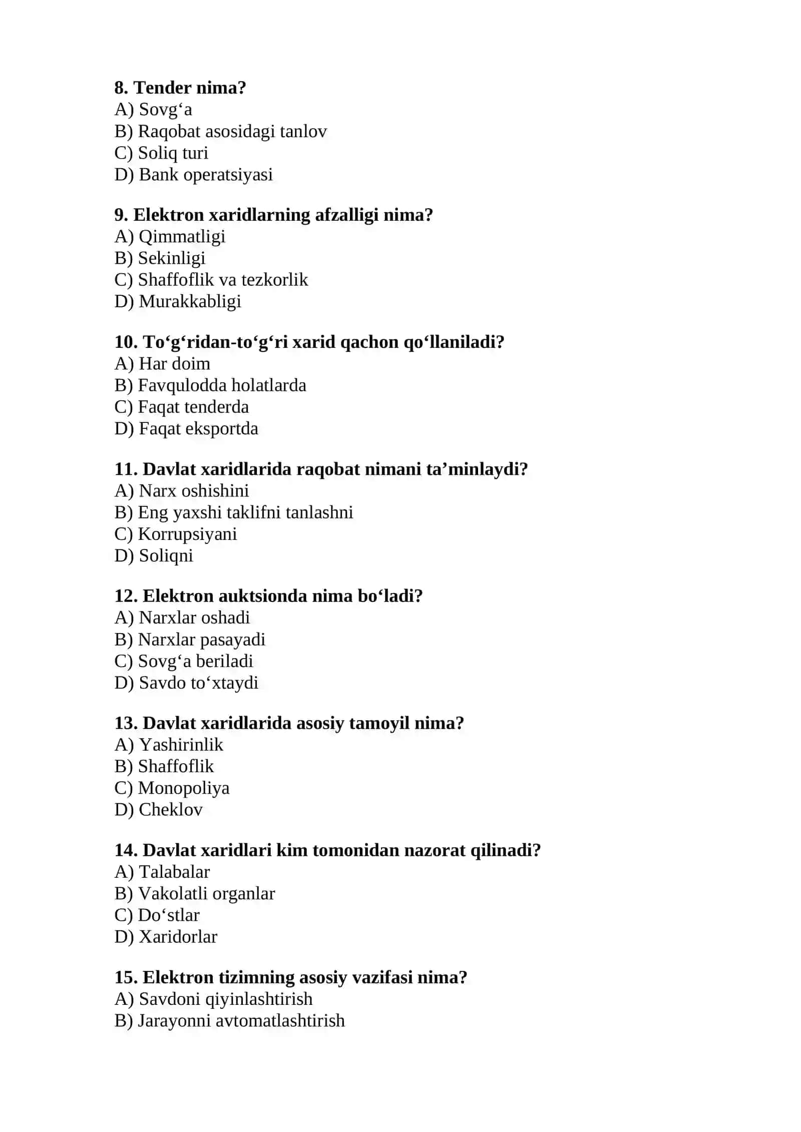 Davlat xaridlari fanidan TEST SAVOLLARI 2