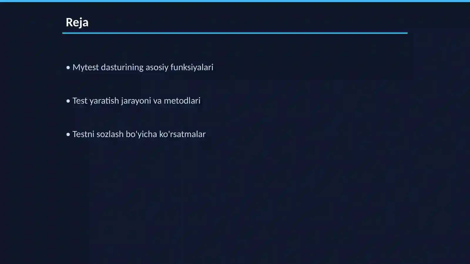 Mytest dasturi yordamida test yaratish va uni sozlash; test jarayonini o'tqazish, tarmoqda sozlash, natijalarni olish va taxrirlash 2