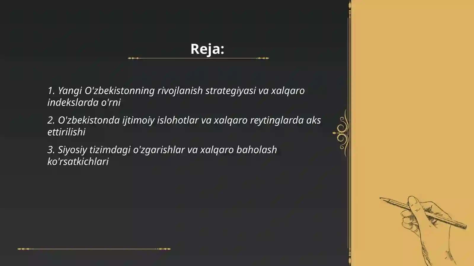 Yangi Oʻzbekistonda ijtimoiy-siyosiy iqtisodiy va madaniy hayotda roʻy berayotgan oʻzgarishlarning xalqaro reyting va indekslarda aks etishi 2