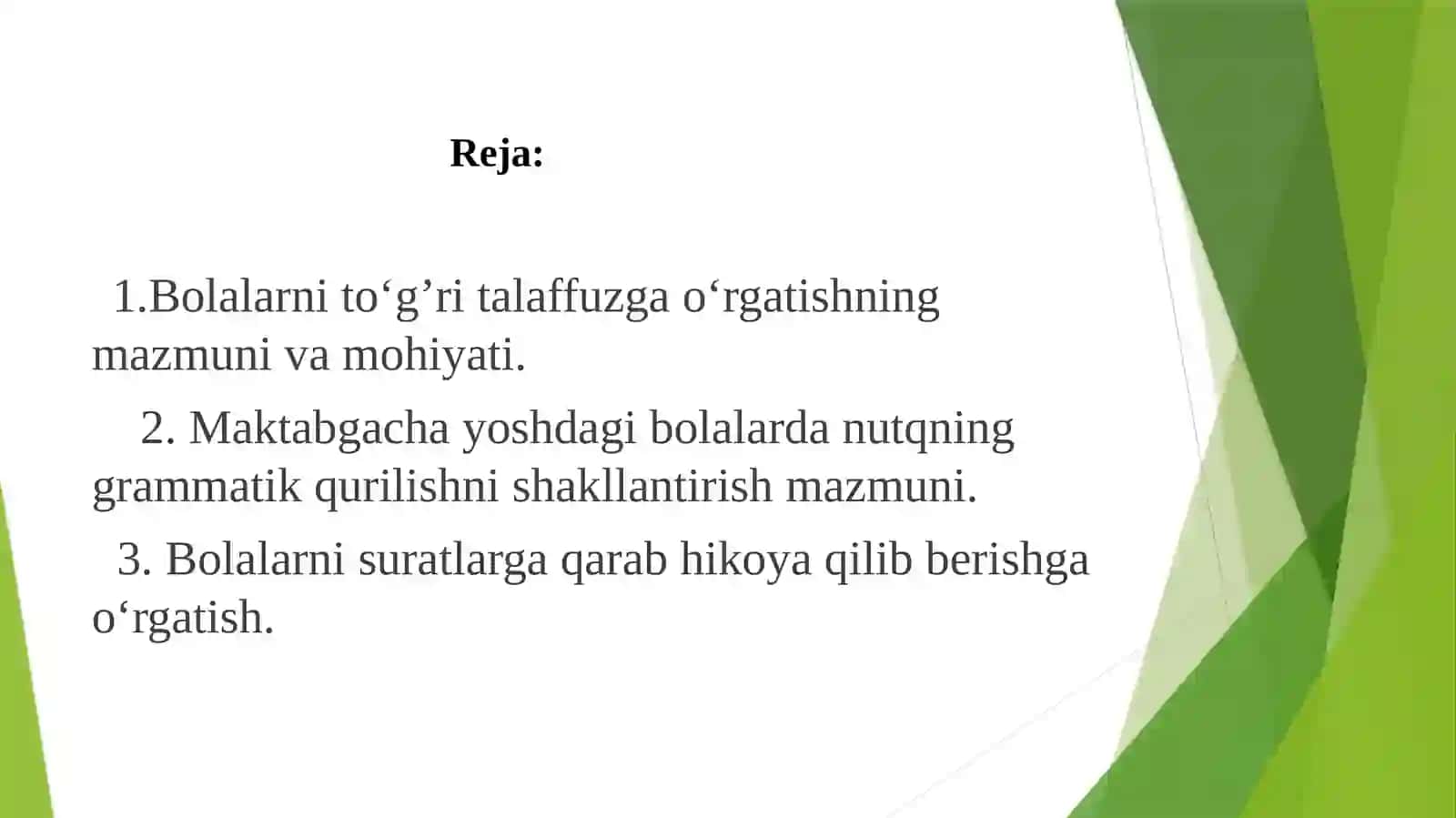 Tovushlаrning to‘g’ri tаlаffuzi yuzаsidаn olib borilаdigаn ishlаr mazmuni.Maktabgacha yoshdagi bolalarda nutqning grammatik qurilishni shakllantirish mazmuni 2