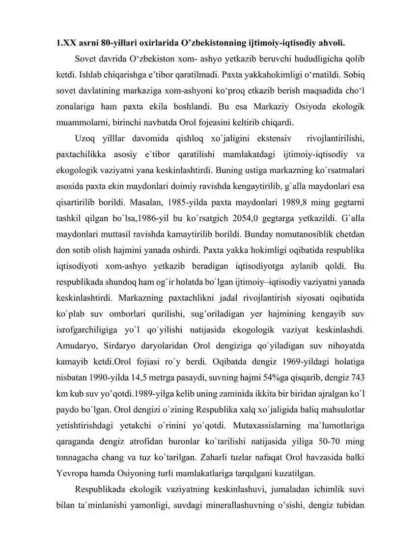 XX asrning 80-yillari oxirlarida O’zbekistonning ijtimoiy-iqtisodiy ahvoli 2