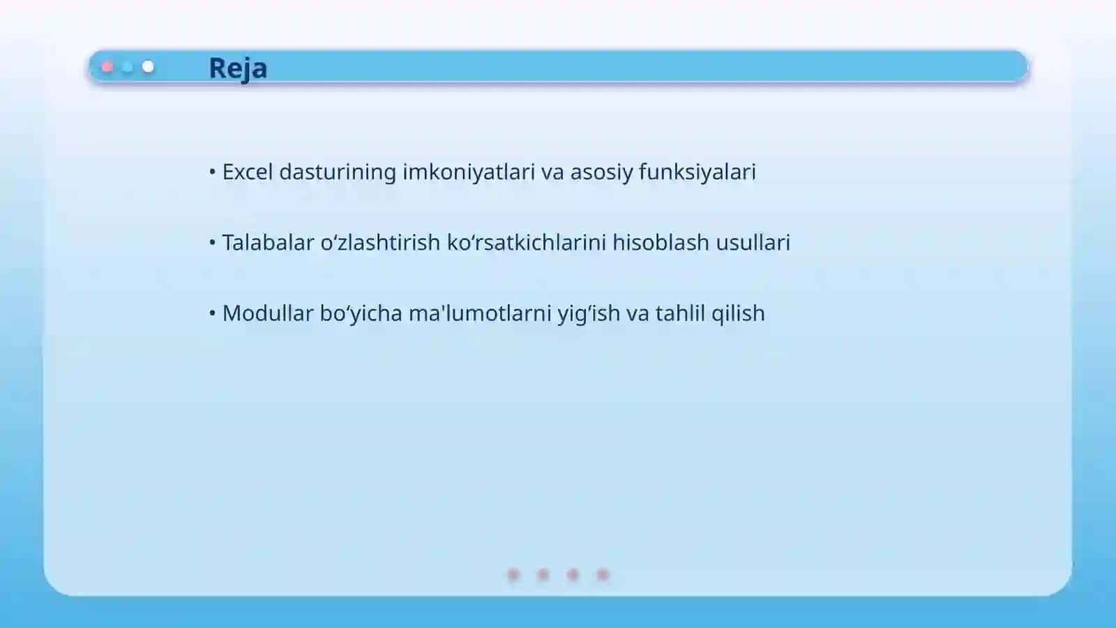 Excel dasturida guruh talabalarining modullar bo‘yicha o‘zlashtirish ko‘rsatkichi, sifat ko‘rsatkichlarini hisoblash va jadval tuzish, natijalar asosida digrammalar yaratish 2