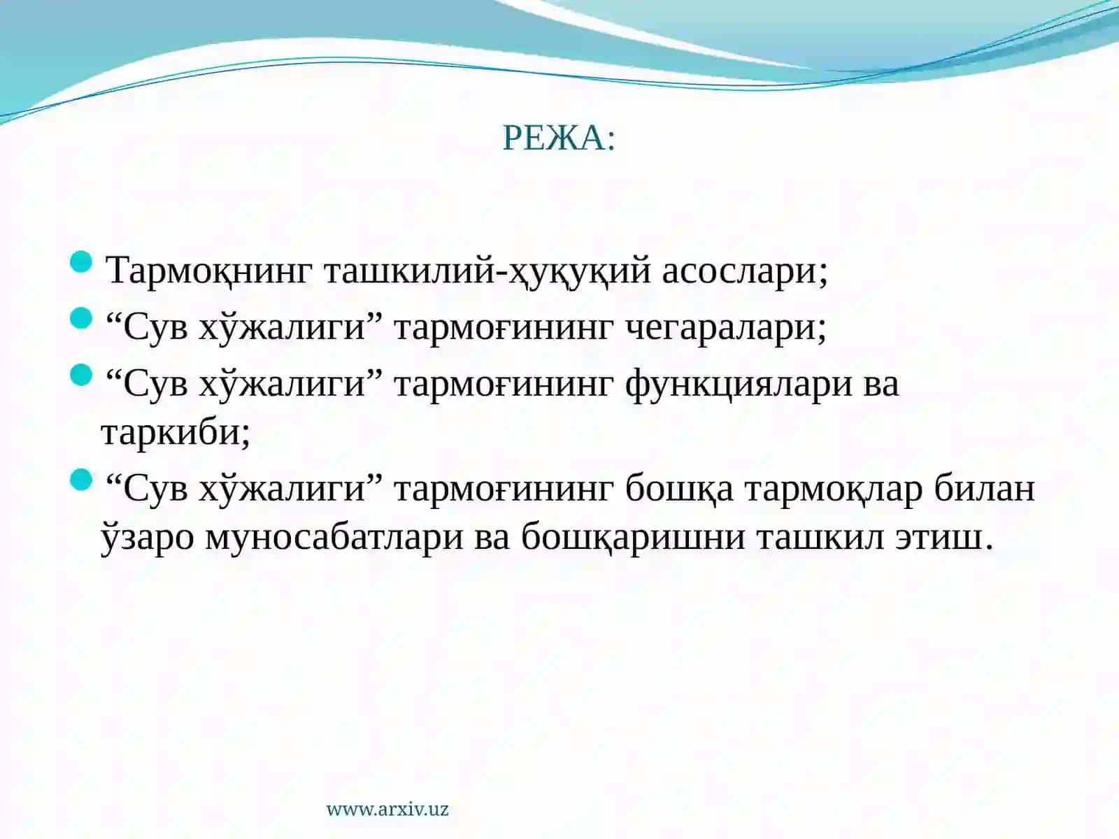 Мустақил сув хўжалиги тармоғини шакллантириш масалалари 2
