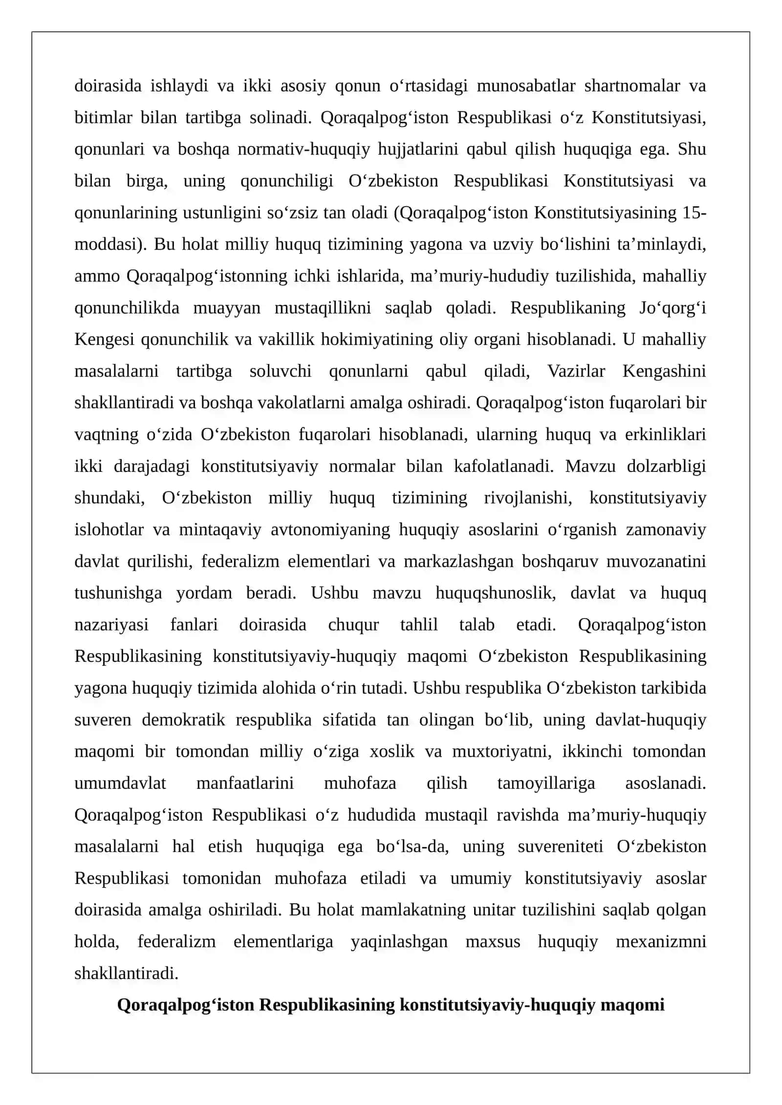 O‘zbekiston Respublikasi milliy huquq tizimida Qoraqalpog‘iston Respublikasi qonunchiligi 2