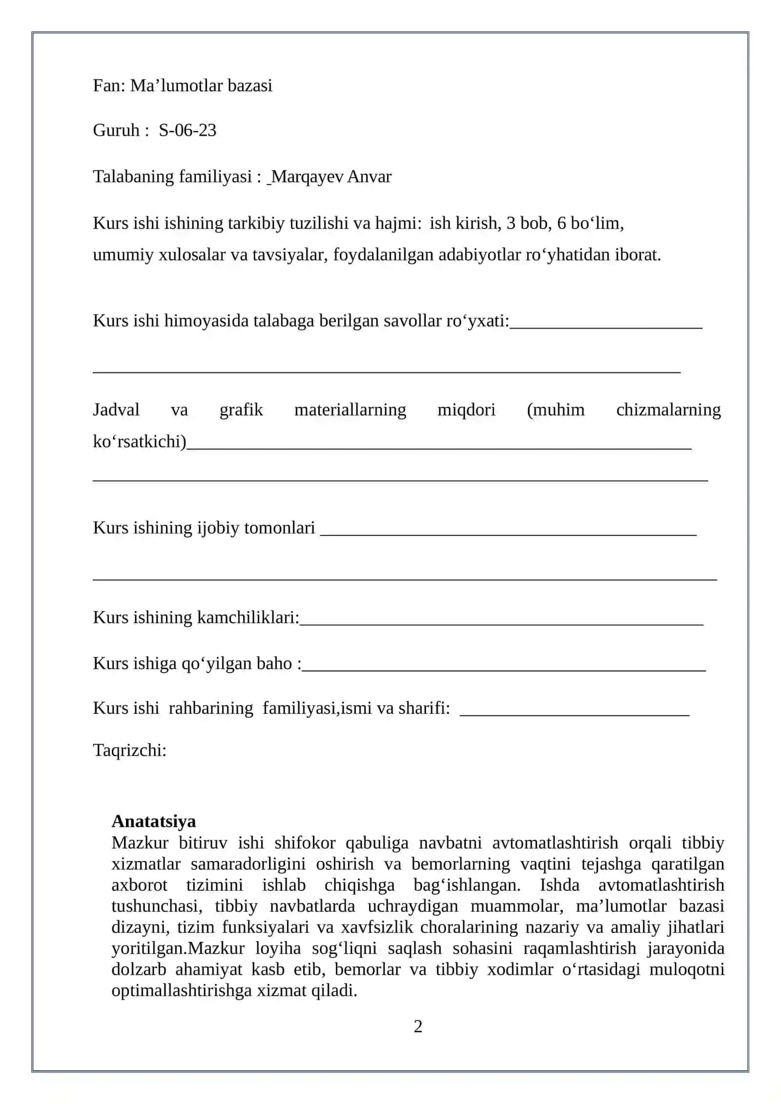 Shifokor qabuliga navbatni avtomatlashtirilgan tizimini ishlab chiqish 2
