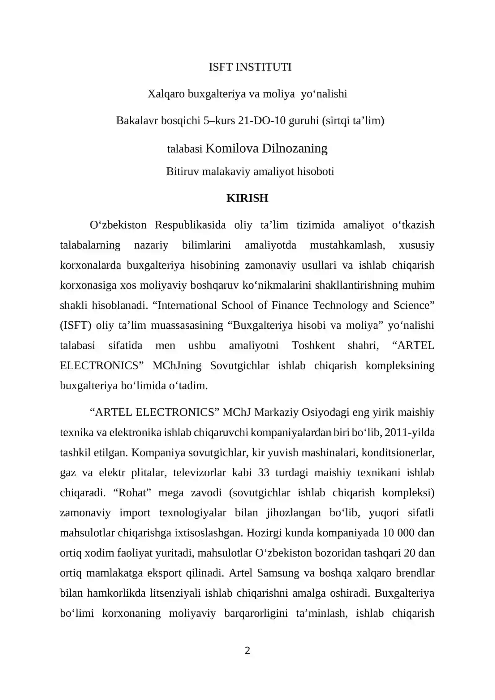 Sovutgichlar ishlab chiqarish kompleksi. mchj.Bitiruv Malakaviy Amaliyot Hisoboti 2