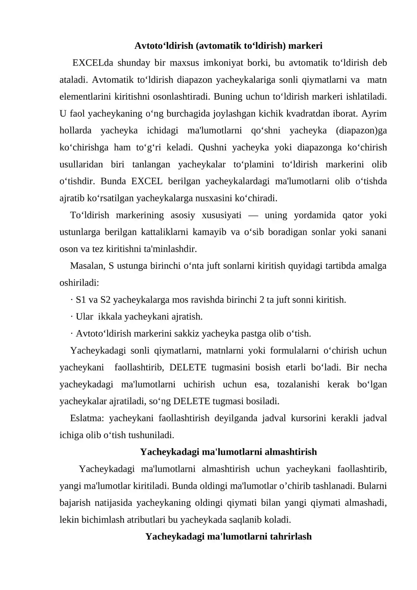 EXCEL DASTURIDA AVTOTO’LDIRISHLAR VA AVTOHISOBLASHLAR 2
