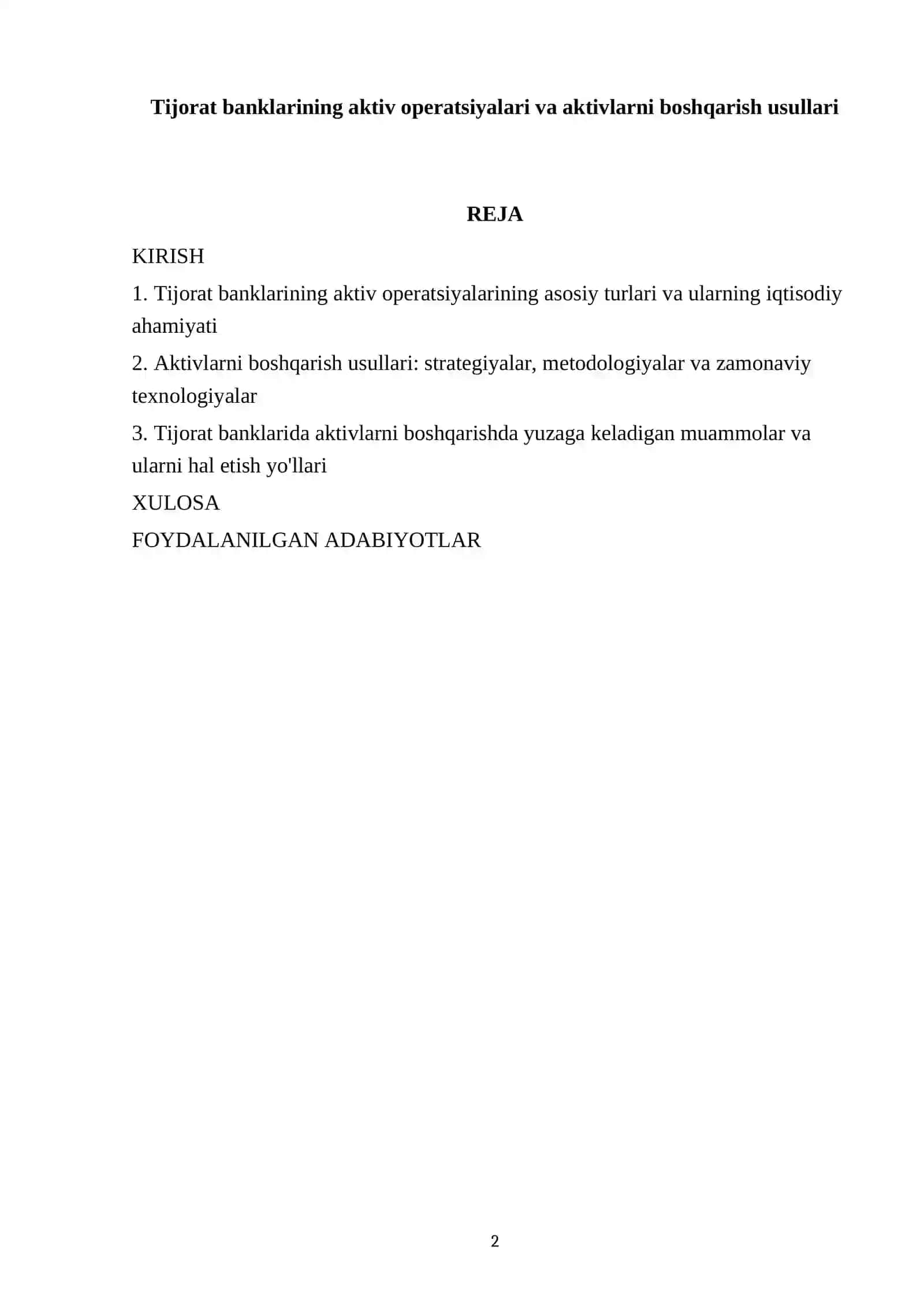 Tijorat banklarining aktiv operatsiyalari va aktivlarni boshqarish usullari 2
