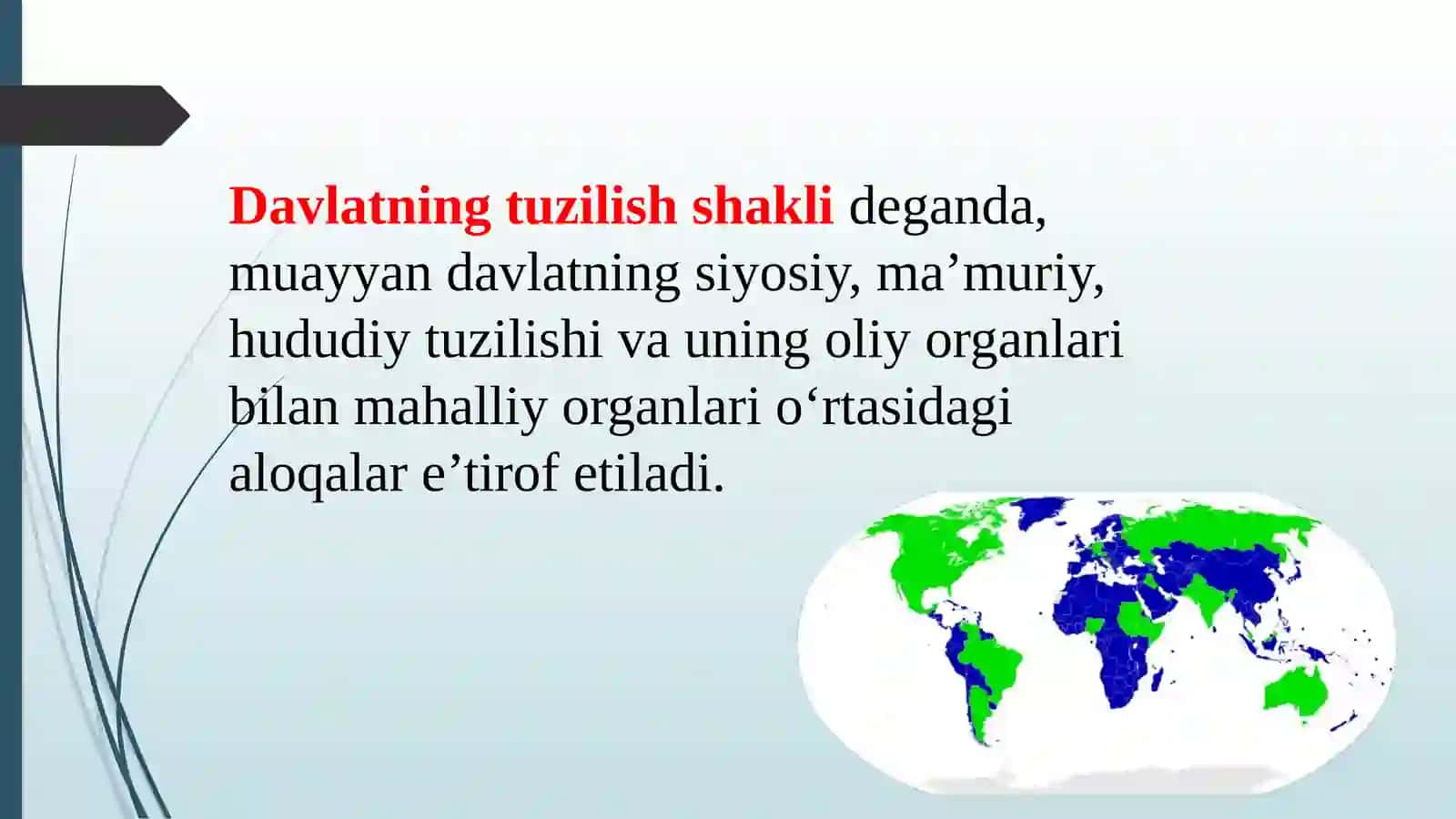Davlat tuzilishi shakli bo‘lgan unitar davlatning tushunchasi, turlari va boshqa davlat tuzilishi shakllardan farqli xususiyatlari 2