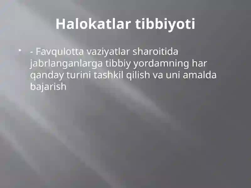 Halokatlar tibbiyoti va favkulodda vaziyatlar ta’rifi. Halokatlar tasnifi. Halokatlarning tibbiy tavsifi. Dastlabki birlamchi tekshirish o‘tkazish. Ikkimlamchi tekshiruv va qayta baxolash. Tez tibbiy yordam ko‘rsatish 2