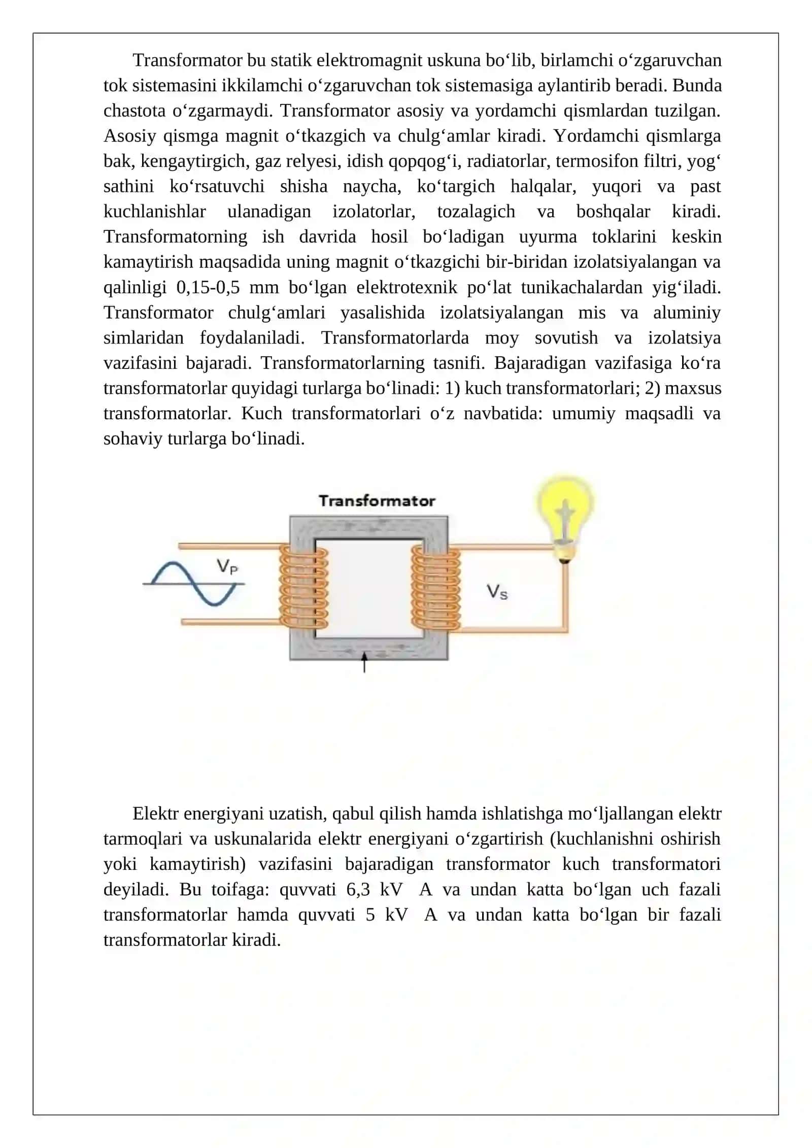 Uch fazali ikki chulg‘amli transformatorning cho‘lg‘amlarining ulanishi va transformatsiya koeffitsenti 2