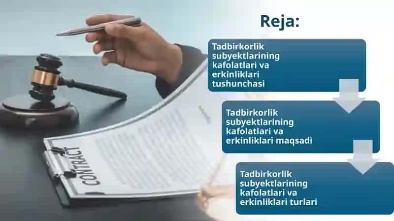 Tadbirkorlik subyekti kafolatlari va erkinliklar tushunchasi, turlari va maqsadining o‘zaro o‘xshash hamda farqli jihatlarini amaliy misollar bilan qonunchilik hujjatlari asosida izohlang 2