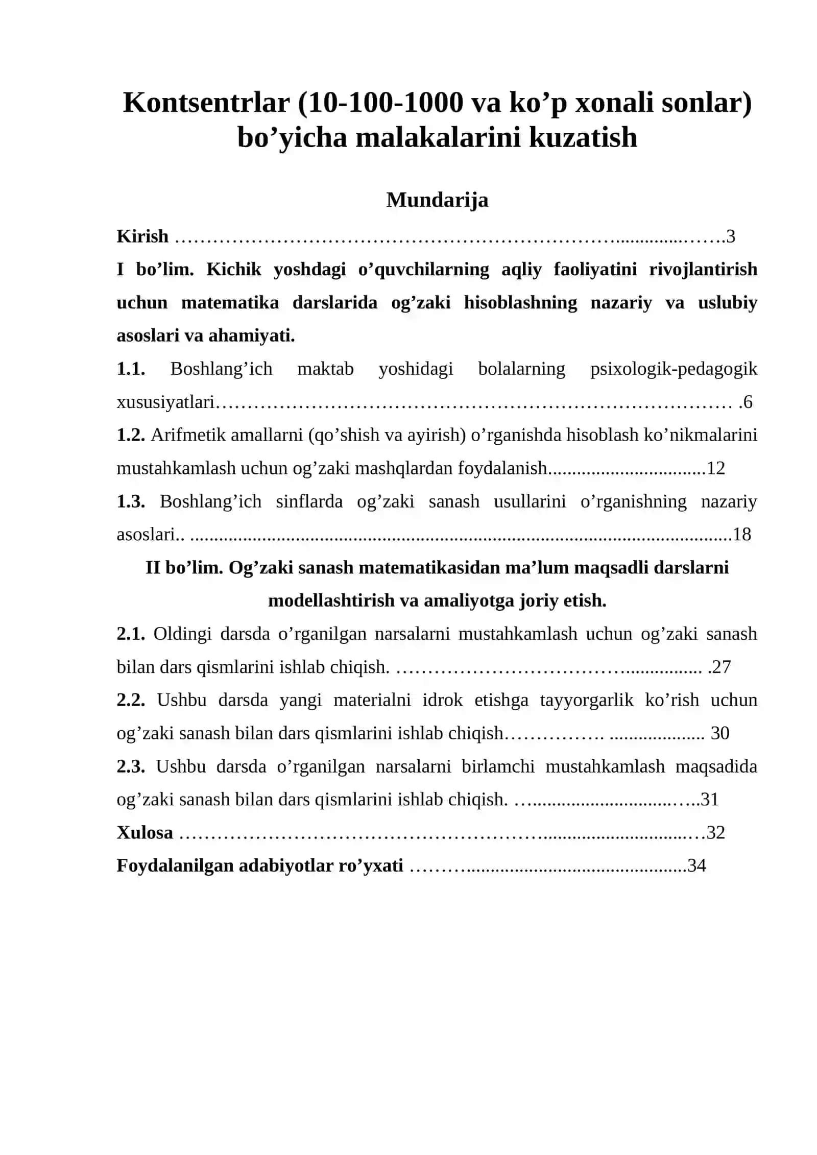 Kontsentrlar (10-100-1000 va ko’p xonali sonlar) bo’yicha malakalarini kuzatish 2