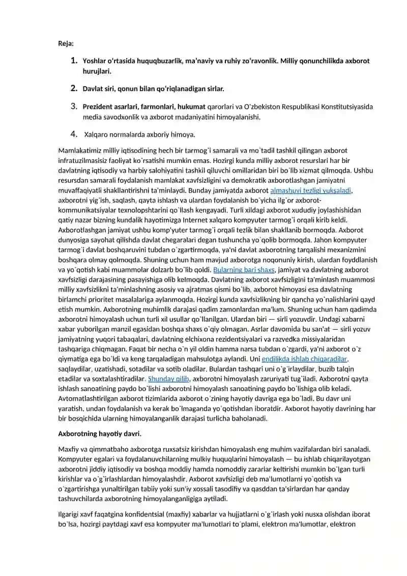 О‘ZВЕКISТОNDА АХВОRОТ HАVFSIZLIGINI МА’NАVIY VА HUQUQIY АSОSLАRI 2