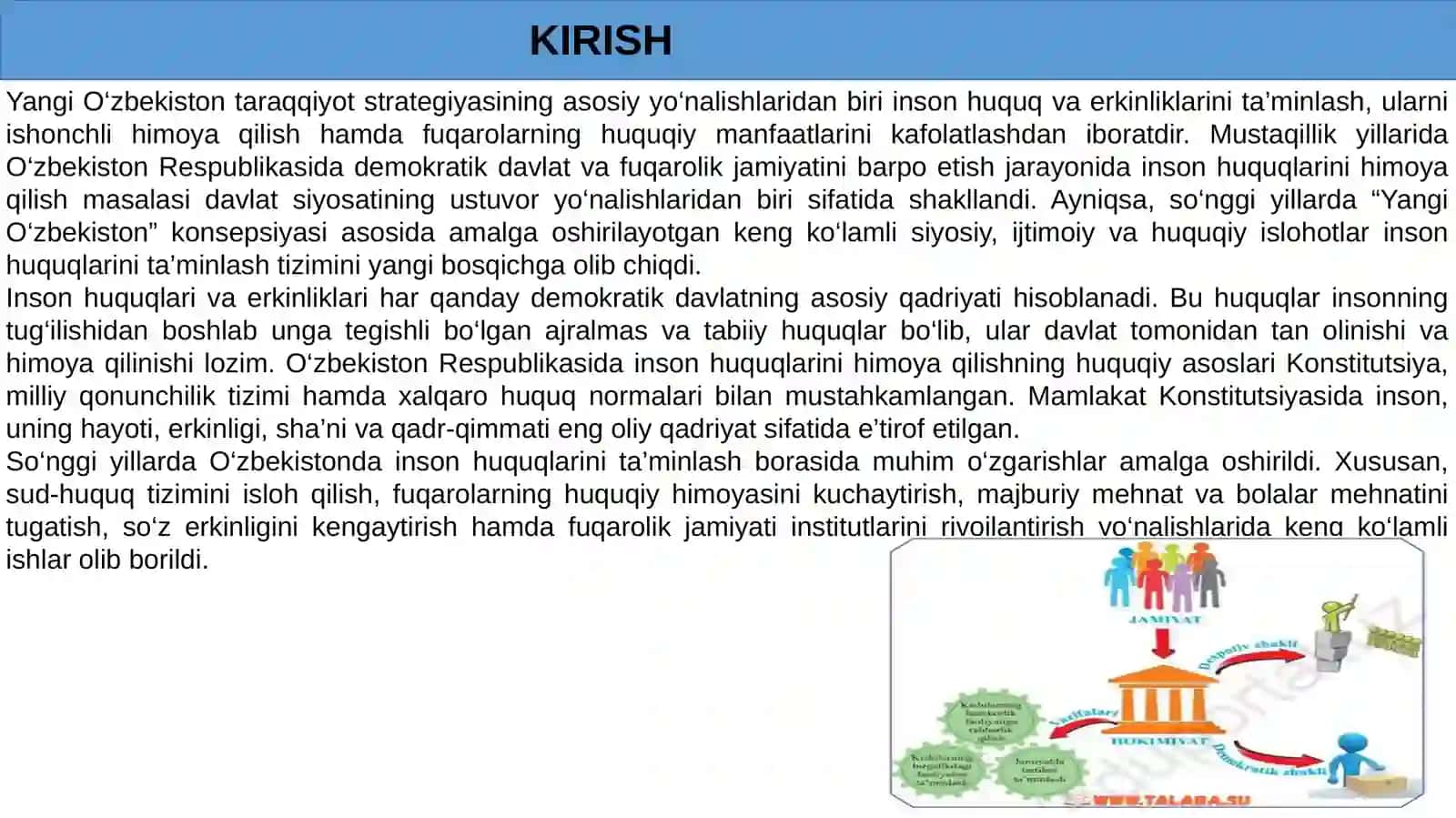 Yangi o'zbekistonda  inson haq huquqlari va erkinliklari kafolatining yartilishi 2
