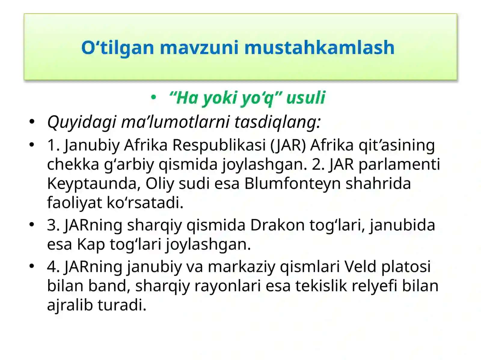 O‘tilgan mavzuni mustahkamlash 2