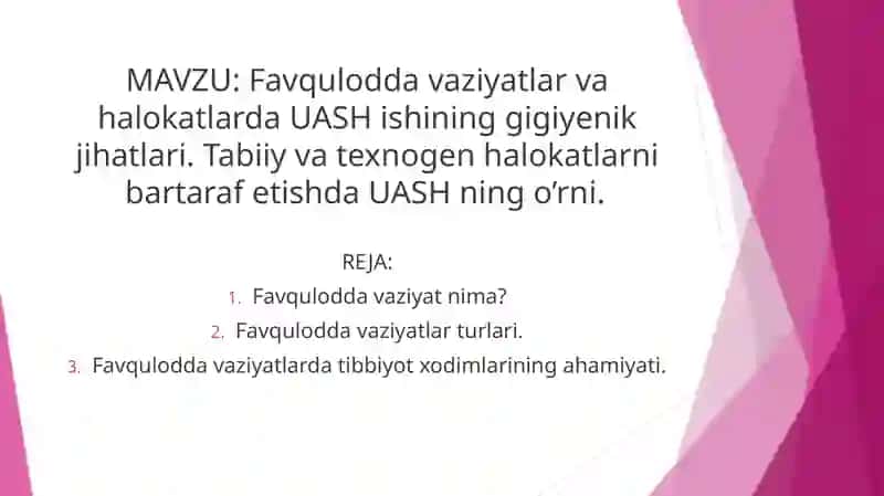 Favqulodda vaziyatlar va halokatlarda UASH ishining gigiyenik jihatlari. 2
