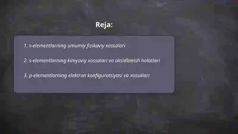S, P, D Elementlarning Fizikaviy va Kimyoviy Xossalari 2