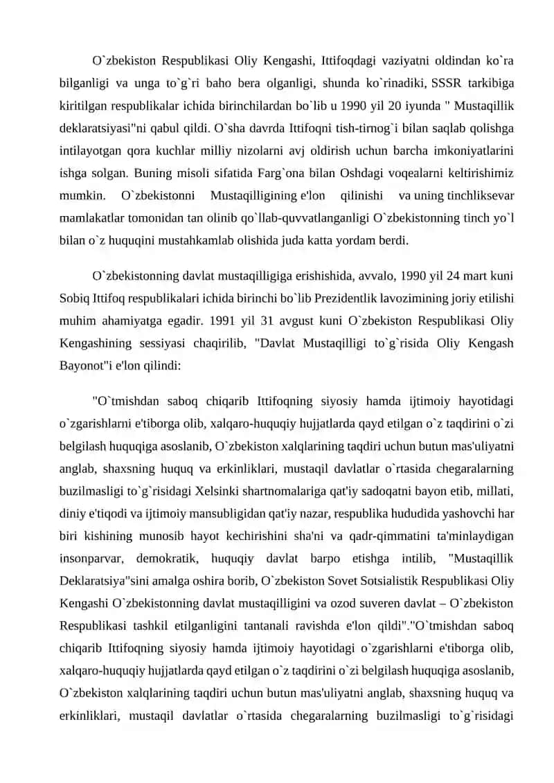 Mustaqil O’zbekiston Respublikasining tashkil topishi va uning tarixiy ahamiyati 2