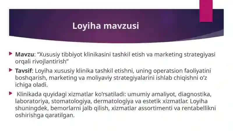 Xususiy tibbiyot klinikasini tashkil etish va marketing strategiyasi orqali rivojlantirish 2