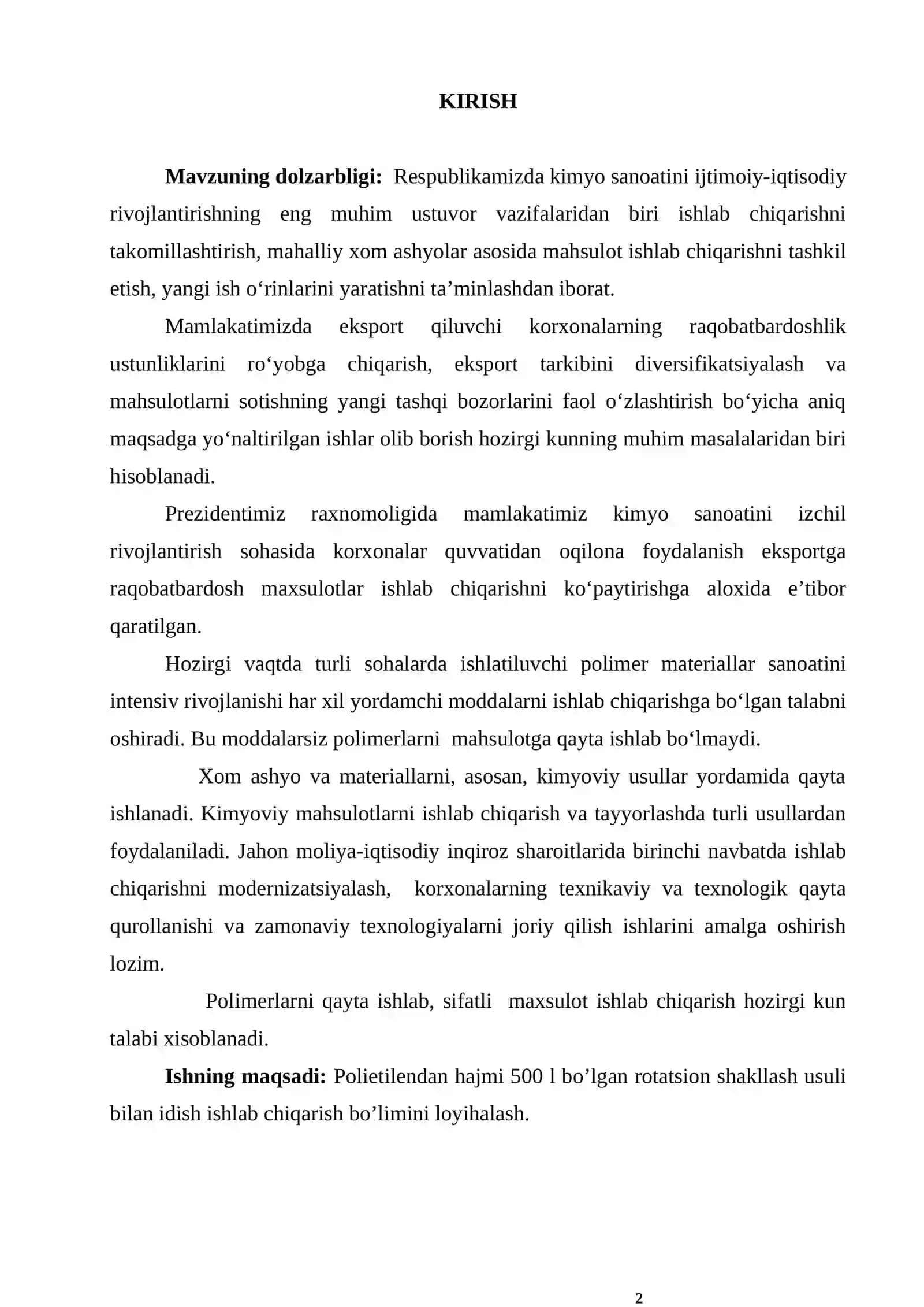 Polietilen asosida rotatsion shakllash usuli bilan 500 l hajmli idish olish texnologiyasini loyihalash 2