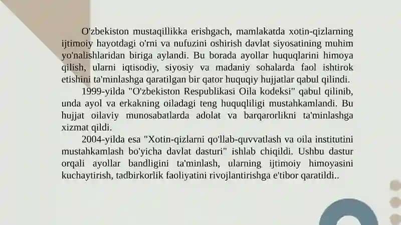 O'zbekistonda xotin - qizlarga bo'lgan munosabat 2