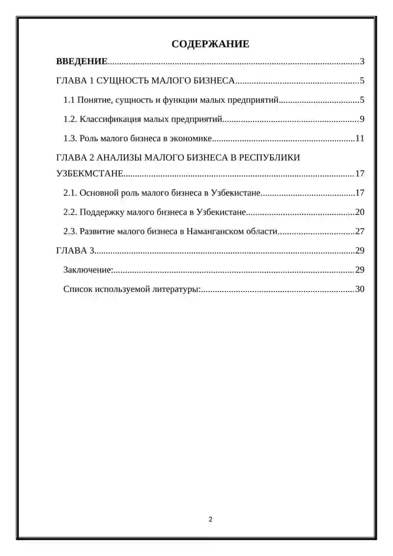 Курсовая работа "Сущность малого бизнеса в Узбекистане" 2